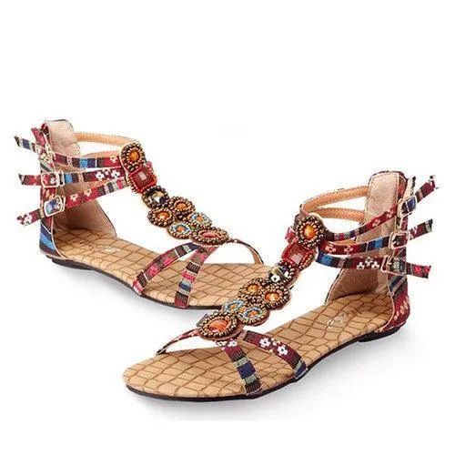 Bohemia Bead Crystal Hollow Out National Wind Retro Peep Toe Buckle Ankle Zipper Sandals