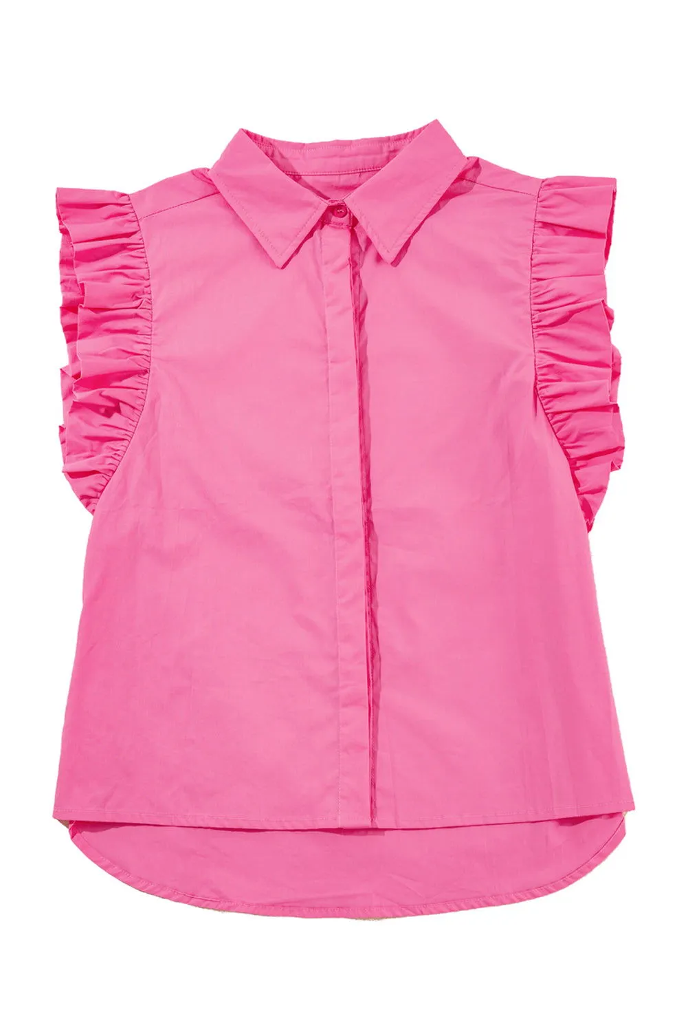 Bonbon Button Up Collared Ruffle Trim Sleeveless Shirt