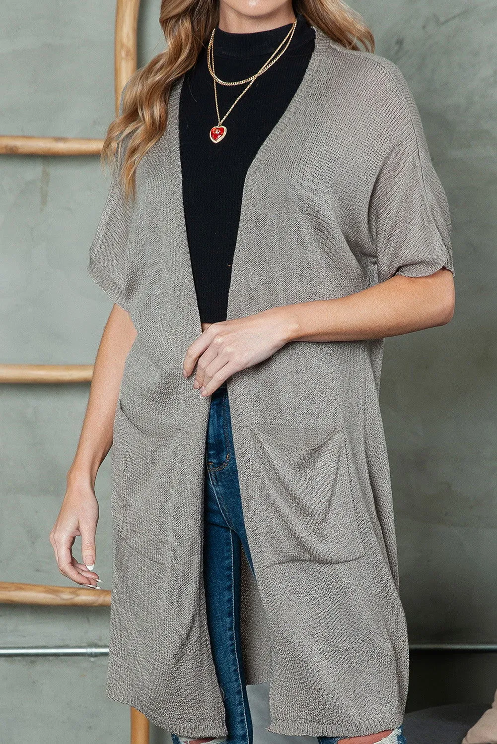 Gray Dolman Half Sleeve Pocketed Long Cardigan