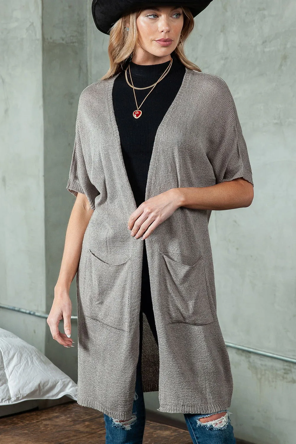 Gray Dolman Half Sleeve Pocketed Long Cardigan