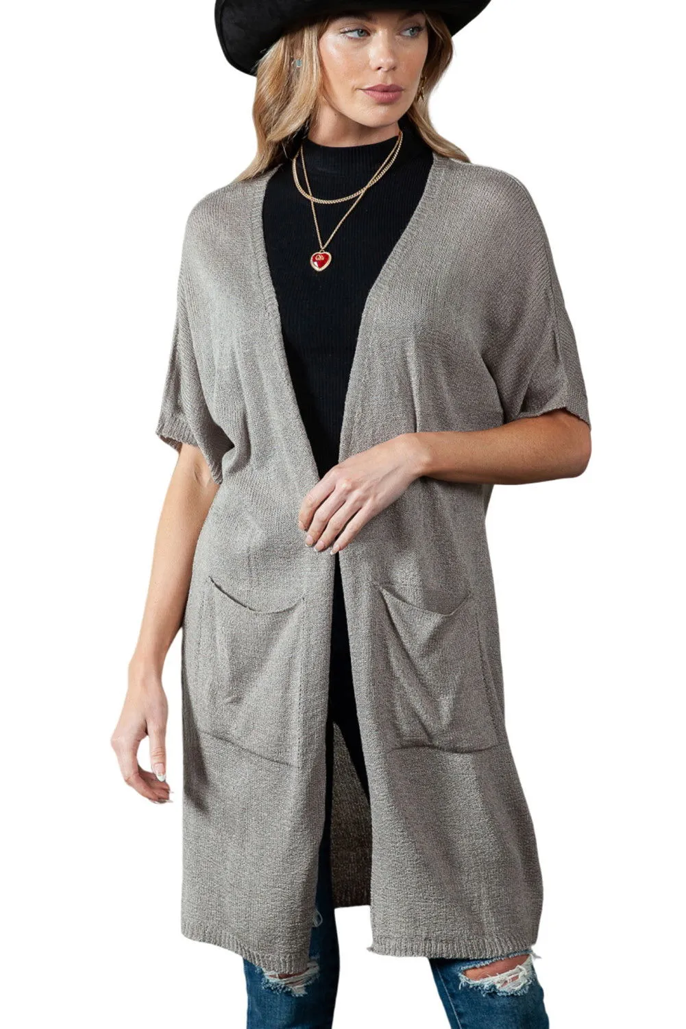 Gray Dolman Half Sleeve Pocketed Long Cardigan