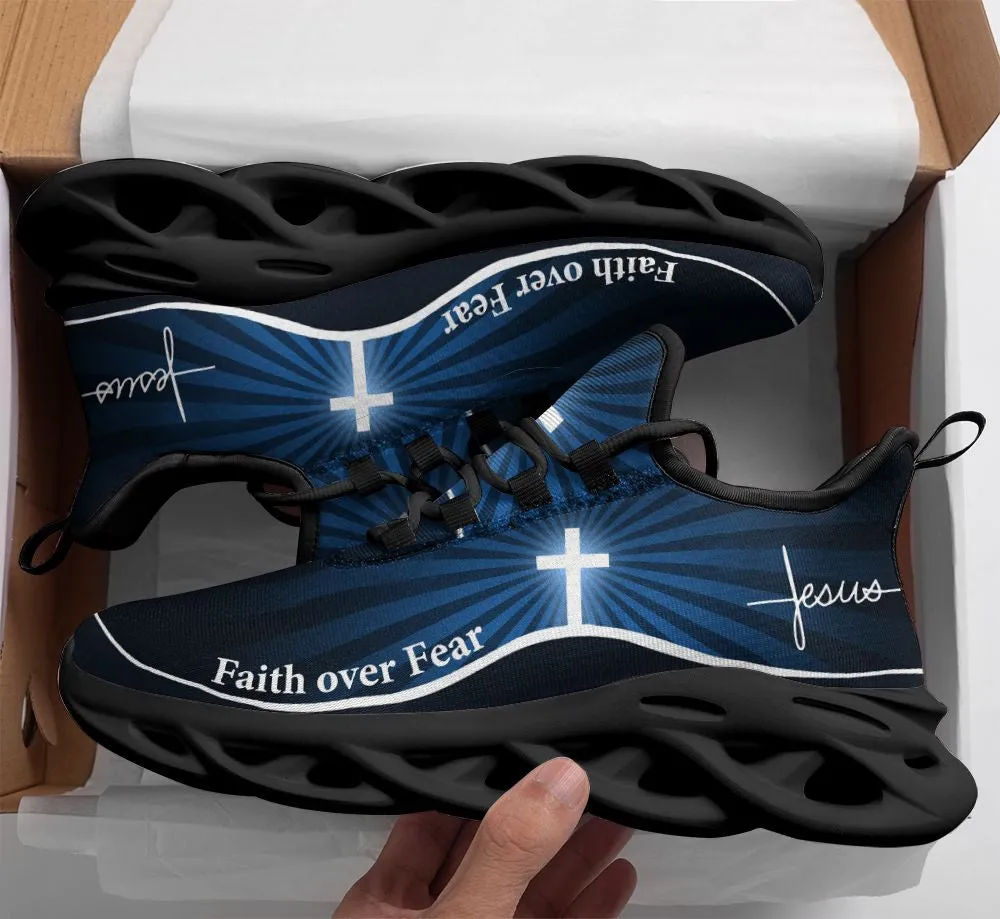 Jesus Faith Over Fear Running Sneakers Blue Max Soul Shoes - Christian Shoes For Men And Women