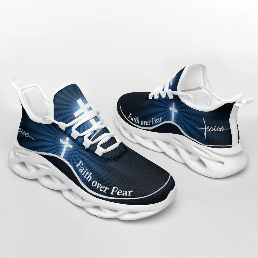 Jesus Faith Over Fear Running Sneakers Blue Max Soul Shoes - Christian Shoes For Men And Women