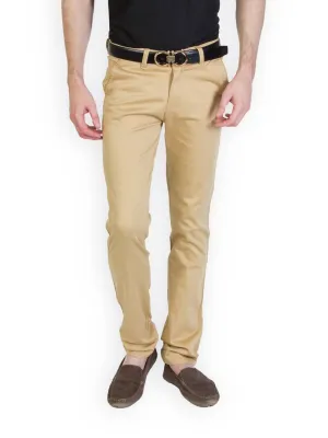 Men's Beige Cotton Blend Solid Casual Trouser