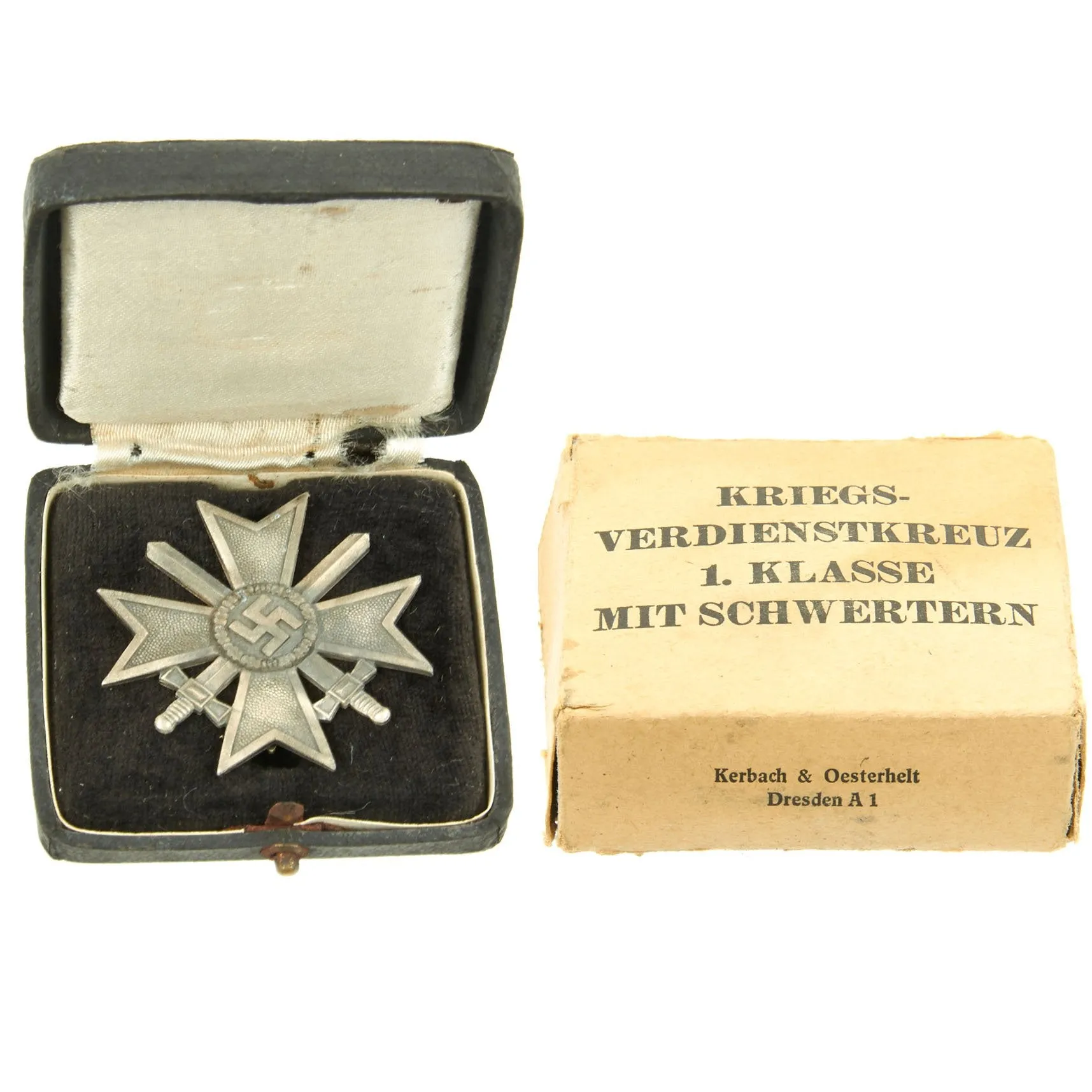 Original German WWII Cased War Merit Cross KvK 1st Class in Silver with Box by Kerbach & Österhelt of Dresden