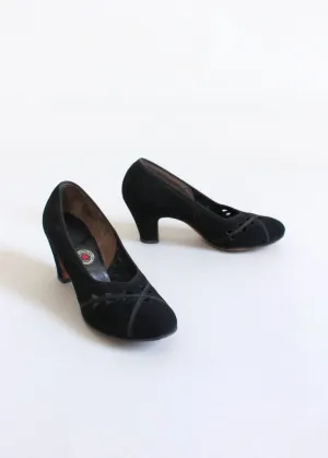 Vintage 1940s Black Suede Cut Out Pumps Size 8