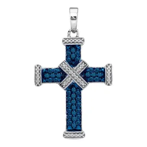 White Gold Plated Blue Diamond Pave Cross Pendant